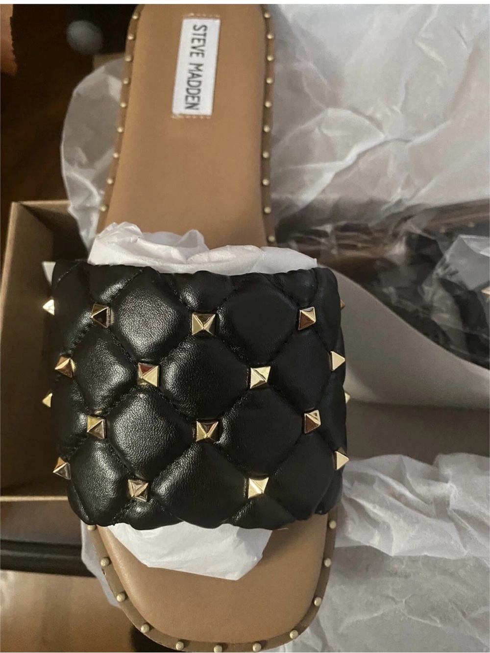 Steve Madden Black Quilted Slide with Gold Pyramid Studs - Picture 1 of 8